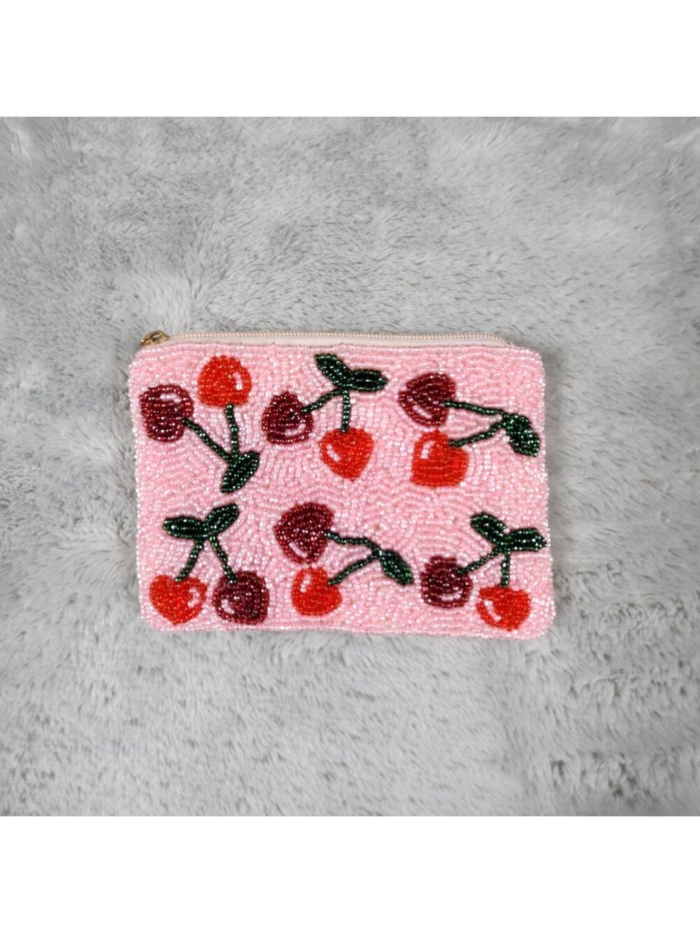 Hand Beaded Two Tone Cherry Coin Purse Zip Bag Petite Pouch Tiny Treasure Holder